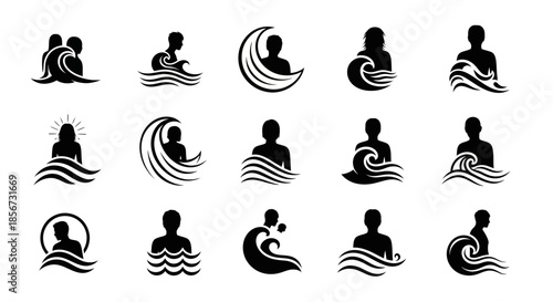 Dynamic human silhouettes interacting with stylized waves and water elements, perfect for branding, logos, and aquatic themes