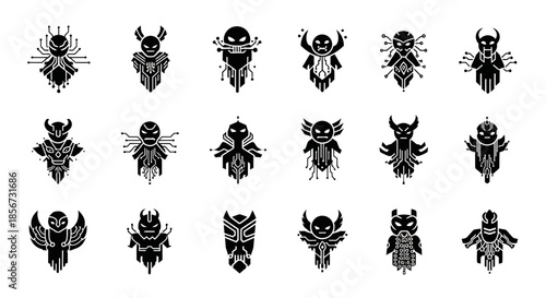 Dynamic sci-fi character emblems and icons blending futuristic technology with mythical creature designs for branding and gaming