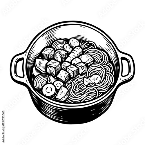 Hand-drawn engraving style illustration of a one-pot noodle stew with tofu cubes and sliced vegetables.