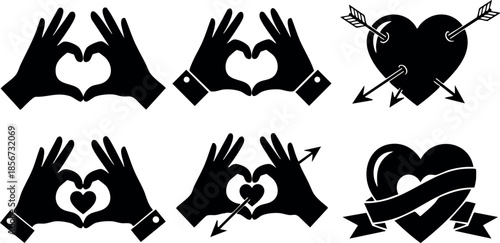 Heart and hand gesture icons showing love and romance vector design set in black silhouette style