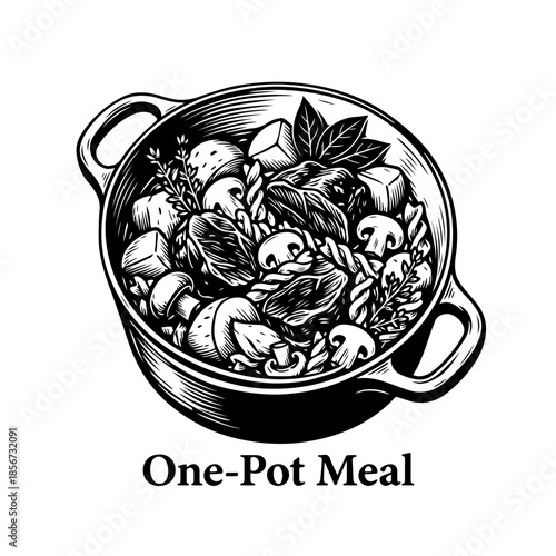 Hand-drawn engraving style illustration of a one-pot pasta meal with mushrooms and herbs including text label.