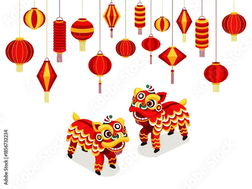Flat design illustration vector of two red lion dance figurines with colorful lanterns hanging above on a white background.