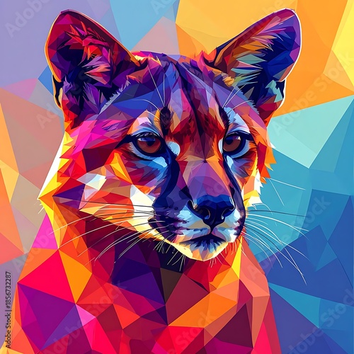 Polygonal rendering of a cougar's face, bathed in vivid hues against a multi-colored, geometric background