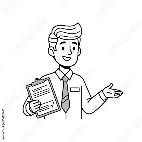 Cartoon Man Holding Clipboard and Gesturing.