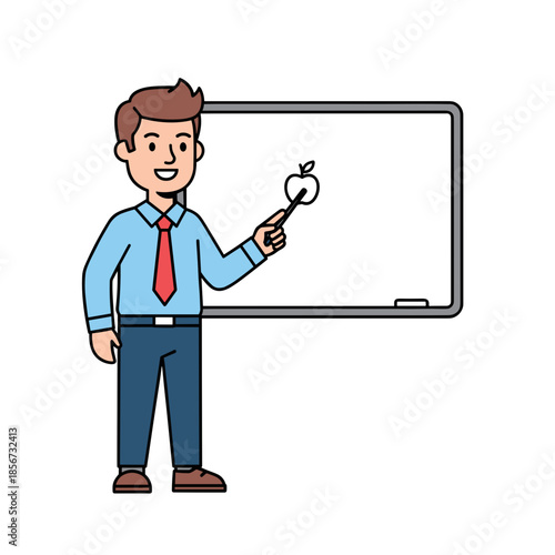 Cartoon Man Holding Pointer Near Whiteboard.