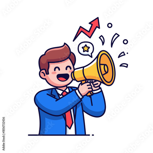 Cartoon Man Shouting Through Megaphone Loudly.