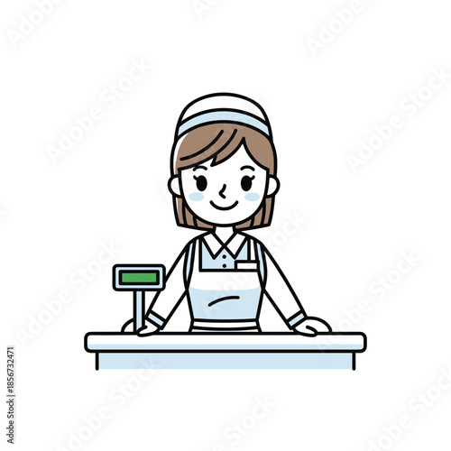 Female Cashier Standing Behind Counter.