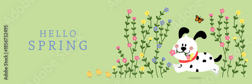 Hello spring greeting card with cute dog and flowers. Animal cartoon characters. -Vector