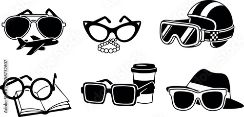 Sunglasses collection with different styles and accessories including aviator, reading glasses, helmet goggles, coffee cup and sunhat vector illustration