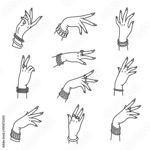 Various Hand Positions and Gestures With Rings Bracelets and Watch in Black and White Line Art Illustration.png
