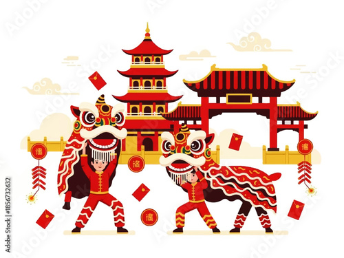 Flat design illustration vector of a traditional Chinese lion dance performance in front of a pagoda and gate with red decorations.