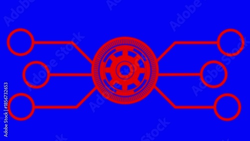 Red color Futuristic Interface Element with Central Circle and six Outward Lines technology gear animated. on blue background....