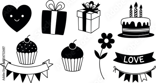 Love and birthday themed vector icons with hearts gifts cakes flowers and cupcakes for celebration designs