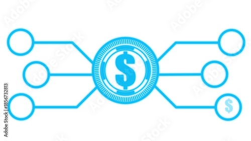 Sine color Futuristic Interface Element with Central Circle and six Outward Lines technology dollar animated. on white background....
