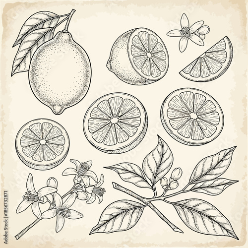 Vintage Lemon Illustration Halves Wedges Blossoms Detailed Botanical Art Freehand Pen Drawing on Worn Parchment Paper.png