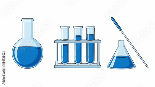 Laboratory equipment with flasks and test tubes containing blue liquid substances in a scientific research setting