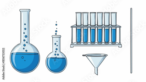 Laboratory Glassware Setup with Beakers, Test Tubes, Funnel, and Stirring Rod for Scientific Experiments in a Clean Environment