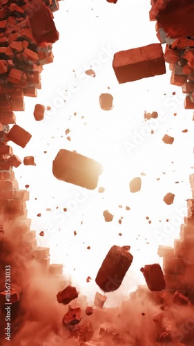 Red Brick Wall Exploding, Pieces Falling Down With Light