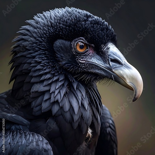 Portrait of a large, dark bird with intricate feather patterns, intense gaze, and light beak against a blurred background
