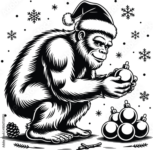Bigfoot in Santa hat decorating Christmas tree ornaments