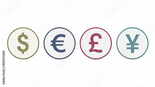 Currency symbols dollar euro pound yen displayed in circular icons on a plain white background