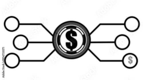 Black color Futuristic Interface Element with Central Circle and six Outward Lines technology dollar animated. on white background....