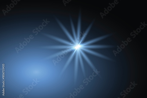 Bright light source with radiating beams in a dark blue background