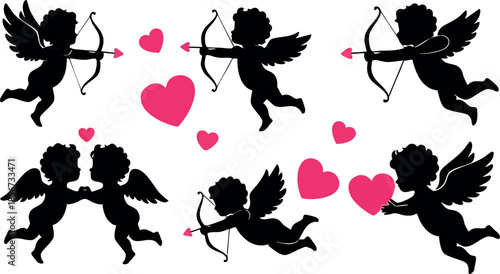 Cupid silhouettes with bows and arrows shooting hearts in romantic love design vector illustration
