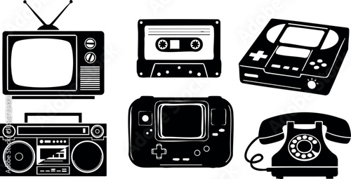 Vintage electronics retro television cassette tape handheld console boombox and rotary phone vector collection