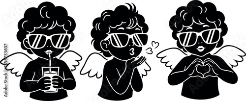 Cute black silhouette cupid angels with sunglasses showing love gestures in vector style illustration