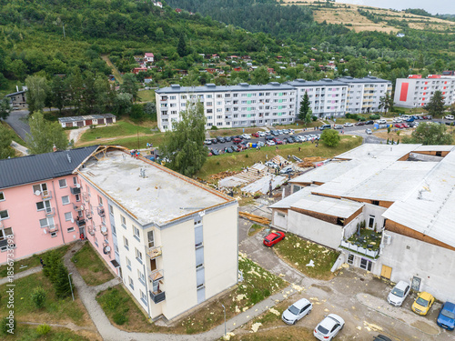 Aerial view of a destroyed building after a severe storm in the city of Gelnica, Slovakia