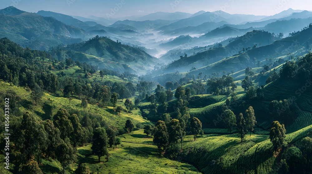 Fototapeta premium Aerial view of lush green tea plantation hills showing rolling landscape patterns and morning fog drifting through the valleys in vibrant style.
