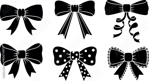 Collection of black bow tie silhouettes with various ribbon styles and decorative patterns vector illustration