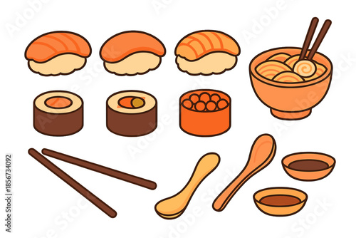 Japanese food set with sushi, ramen, and chopsticks