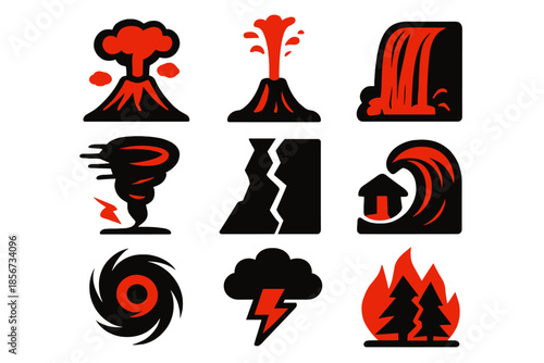 Collection of natural disaster icons with neon red glow