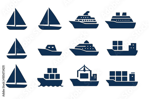 Collection of boat and ship icons on a dark blue gradient background