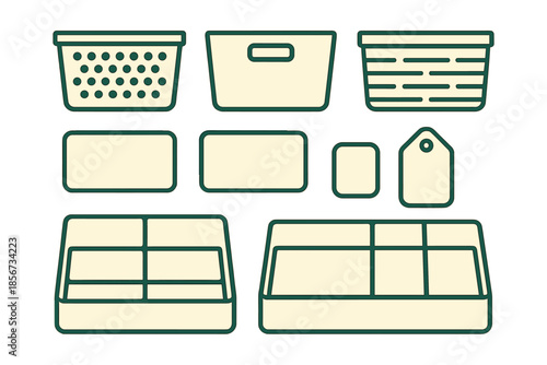 Collection of outlined storage containers and organizers