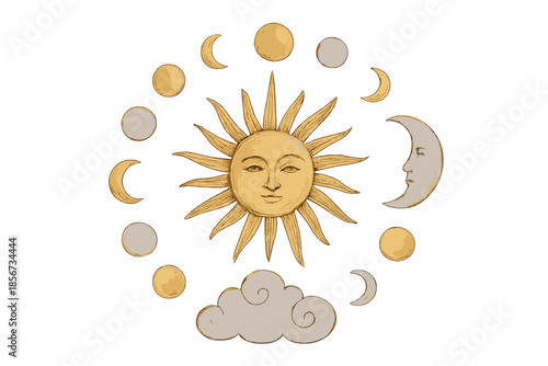 Mystical Sun and Moon Phases with Clouds