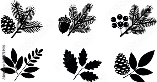 Pinecone acorn and berry silhouette leaf vector collection for seasonal design and nature decoration elements