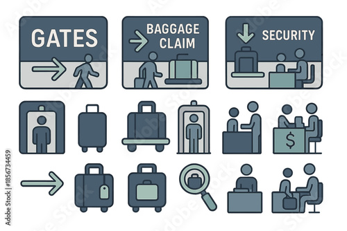 Airport icons and signs for Gates, Baggage Claim, and Security