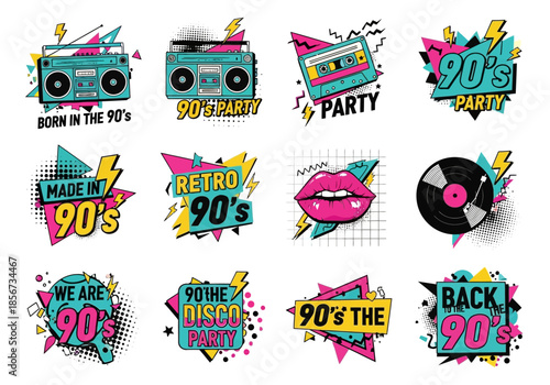 Retro 1990s Party Sticker Set with Boombox, Cassette Tape, Vinyl Record, and Pop Art Lips in Memphis Style Vaporwave Aesthetic