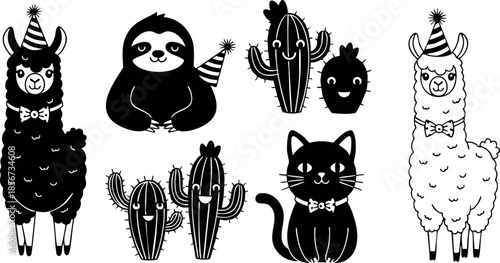 Cute party animals vector set featuring llama, sloth, cat, and cactus with festive hats and bow ties in black and white style