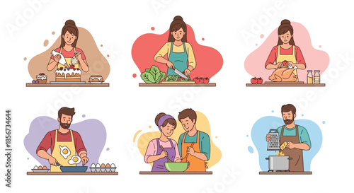 Set of People Cooking at Home, Flat Cartoon Character Illustrations of Men and Women Preparing Food, Baking Cake and Healthy Meals