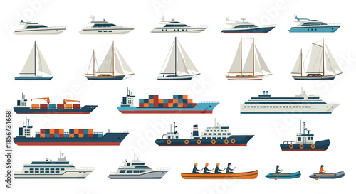 Complete Watercraft and Vessel Collection - Vector Illustration Set of Yachts, Sailboats, Cargo Ships, Cruise Liners, and Small Boats