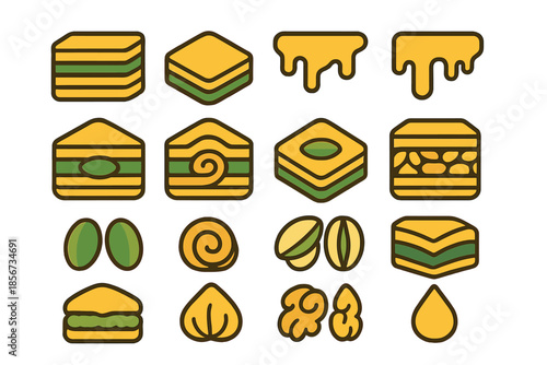 Collection of stylized Middle Eastern sweets and nuts icons
