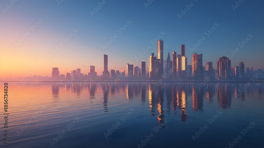 Obraz premium Vibrant City Skyline Reflecting on Calm Water During Golden Sunrise