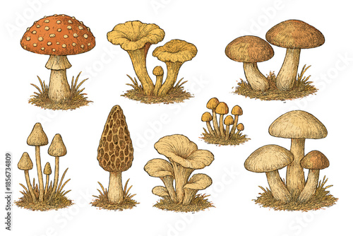 Collection of Various Mushrooms Drawn in Vintage Style