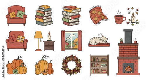 Cozy Autumn Hygge Home Collection - Fall Lifestyle Elements with Fireplace, Pumpkins, Books, and Cat Illustration Set