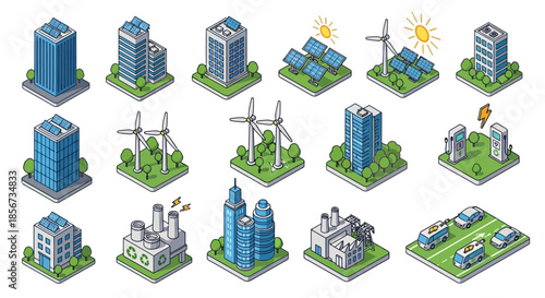 Sustainable Green City Isometric Icons Set - Renewable Energy, Solar Panels, Wind Turbines, and Eco-Friendly Urban Infrastructure Vector
