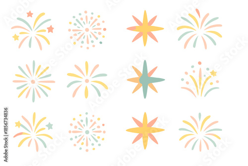 Whimsical fireworks and starburst patterns on a blurred background